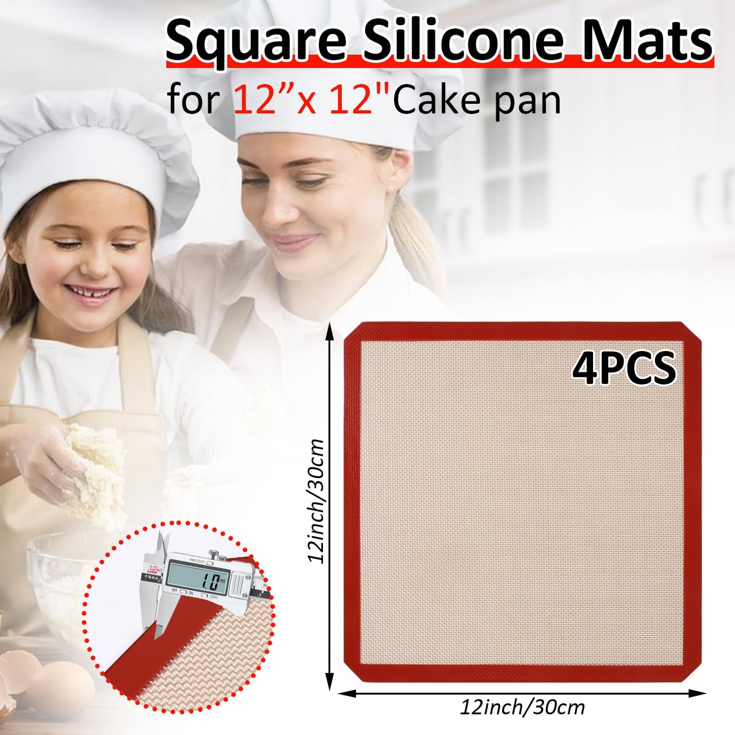 4 Pack 12" x 12" Reusable Silicone Baking Mat for 12 Inch Cake Pan/12x12 Cheesecake Pan/Toaster Oven/XL Air Fryer,12" Food Grade Silicone Mat for Baking Sheet, Non-Stick&Reusable