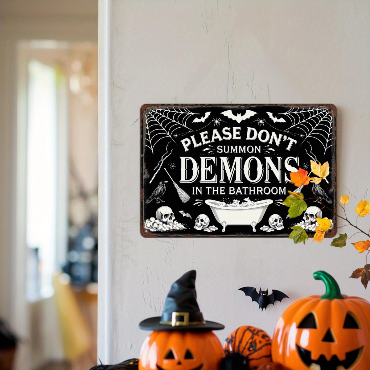 Please Don't Summon Demons in the Bathroom Halloween Retro Metal Tin Sign Wall Art Decor for Bathroom Home Halloween Party Indoor Wall Decor 8x12 Inch