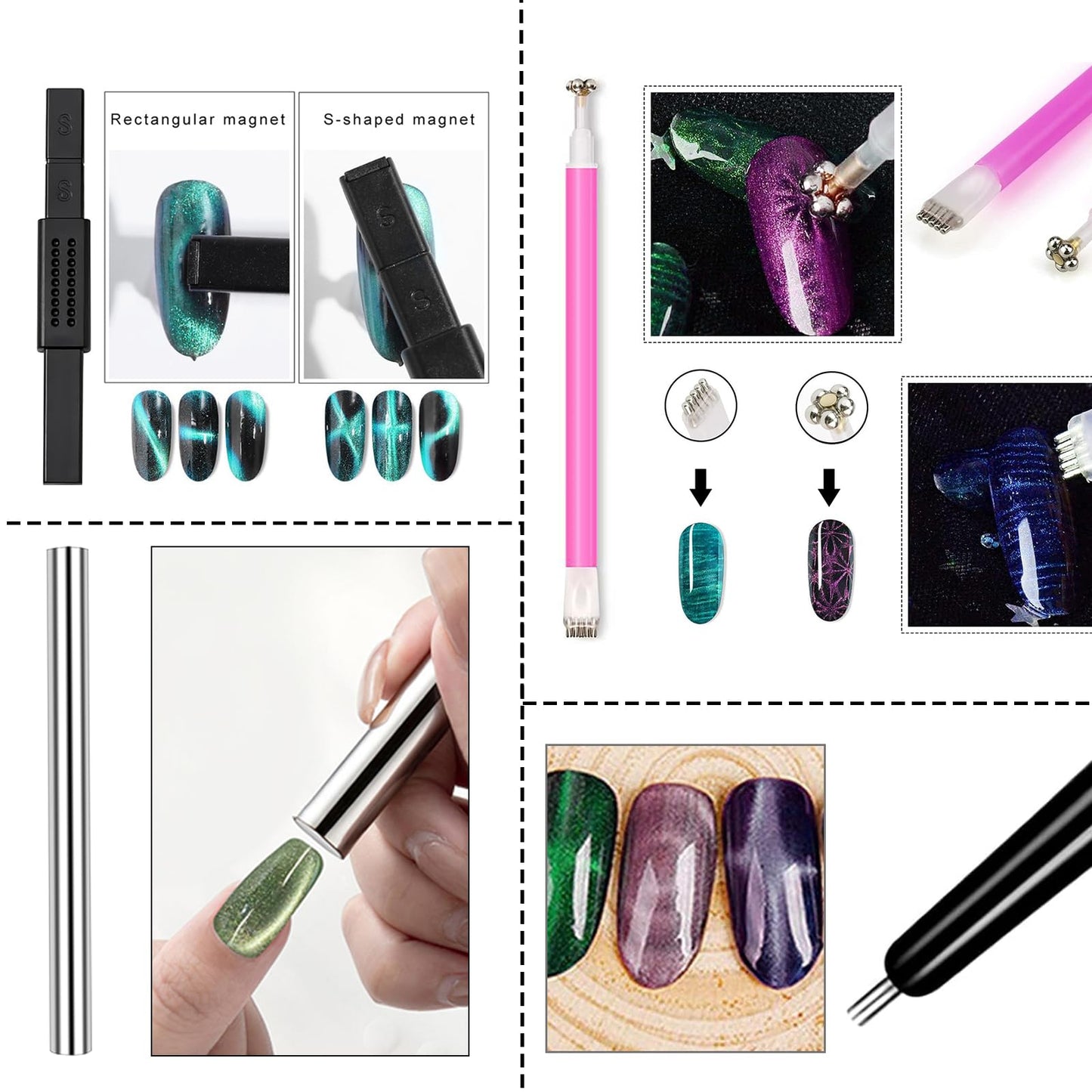 WOKOTO 6 Pcs Cat Eye Nail Art Magnet Pen Set with 4 Y/O Iron Stencils, Multi-Styled Cat Eye Magnet Tools for Heart Ring French Tip Cat Eye Nails, Beginner-Friendly DIY Nail Kit, Salon-Quality Tools