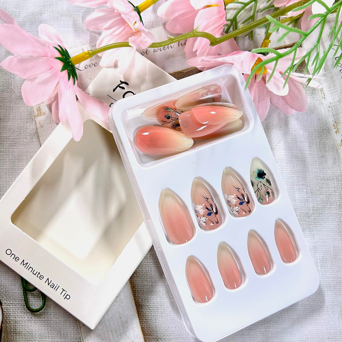 CJDLTS 24Pcs Almond Tip Acrylic Fake Nail Pink White Gradient Press on Nails Medium Length Blue Flower Pattern Design Full Cover Glossy Artificial Fingernails Summer Acrylic Stick on Nails for Women