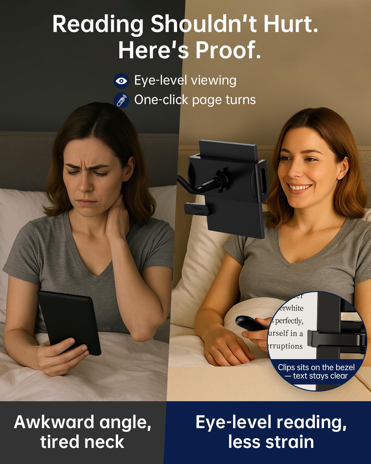 Kindle Holder with Remote Page Turner, Kindle Stand for Bed Reading, No Text Blocked 6mm Clip, No Margin Adjustments, Whisper-Quiet Page Turns, Fits 4.7-10" Devices (Paperwhite/Oasis, iPad/iPhone)