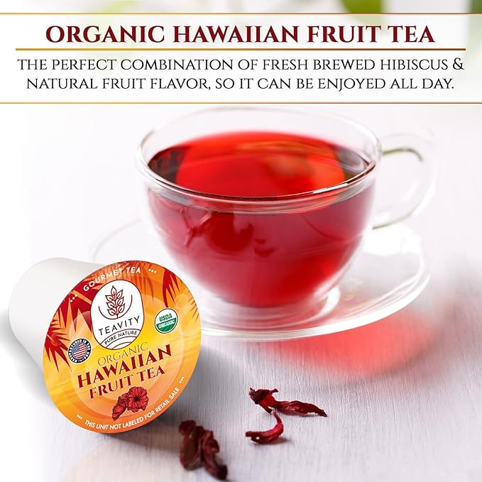 Organic Hibiscus Teapods with Peach, Mango, & Passionfruit - Naturally Decaffeinated Hawaiian Fruit Tea by Teavity (12 Tea Pods)