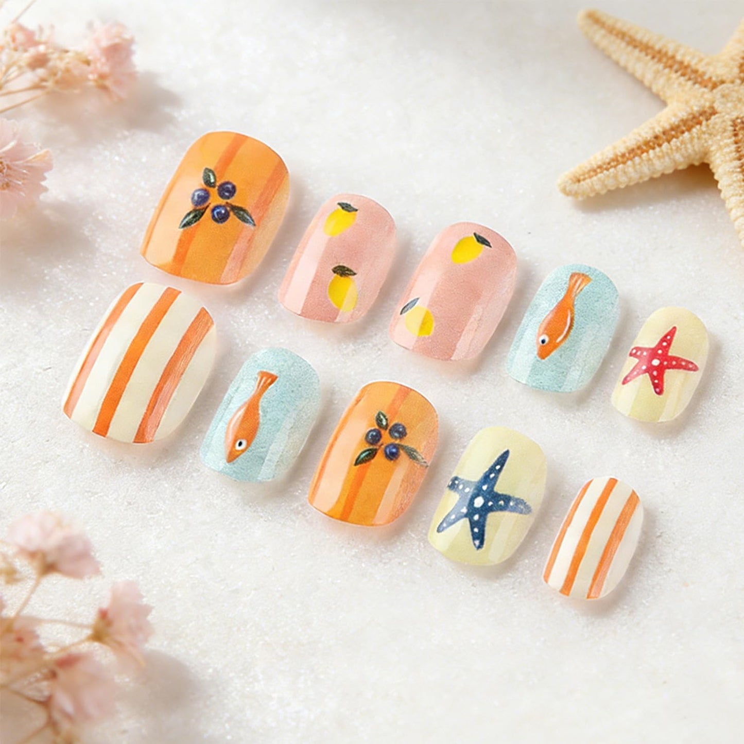 Short Square Press on Nails Summer Colorful Fake Nails with Starfish Blueberry Lemon Stripes Design Cute Cartoon False Nails Glossy Stick on Nail Artificial Glue on Nails for Women 24Pcs