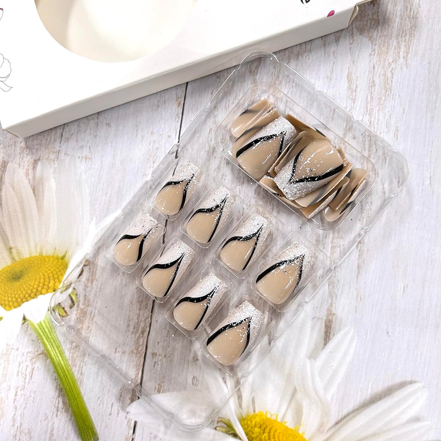 CJDLTS White French Tip Press on Nails Medium Ballet Shaped Nails Glitter Powder Design False Nails Artificial Stick on Nails Press Nails with Design Black Stripe Acrylic Glue on Nails for Women 24Pcs