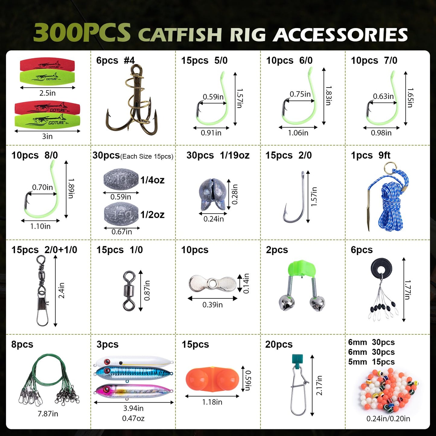 Goture Catfish Rig Making Kit,300pcs Catfishing Tackle with Luminous Fishing Hook Swivel Sinker Weights Rattle Float Bobber Stoppers,Catfish Rigs Accessories with 3600 Tackle Box,Gifts for Men