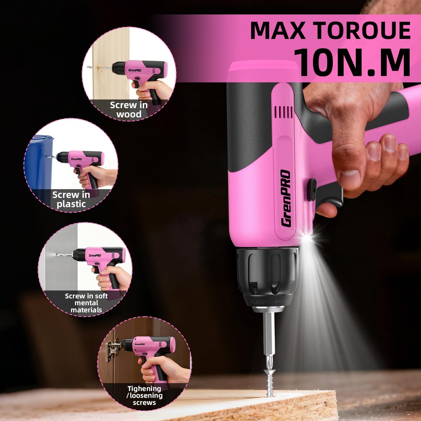 GRENPRO Pink Tool Set Drill Set, 188PCS Tool Kit For Home with Pink Cordless Drill Power, Hand Tool Kit for Women, Basic Household Auto Car Repair Tool Box for Men, Portable Storage Box Tools Sets