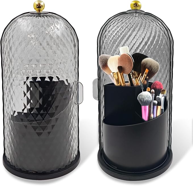 360 Rotating Makeup Brush Holder Organizer With Lid - Multifunctional Toothbrush Holder With Cover For Bathroom Countertop - Dustproof Storage For Make Up Brushes Toothbrush Toothpaste (Black)