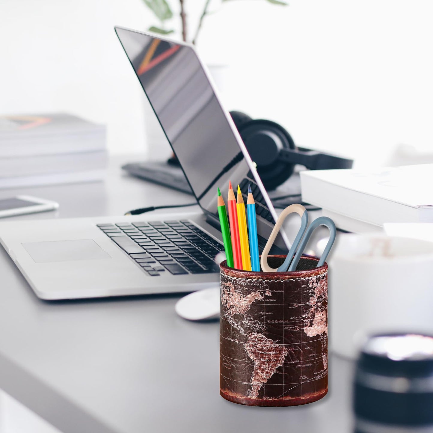 LINKWELL Black World Map Pencil Holder for Desk, PU leather Pencil Cup, Globe Pen Holder for Desk Office Supply Organizer PH46