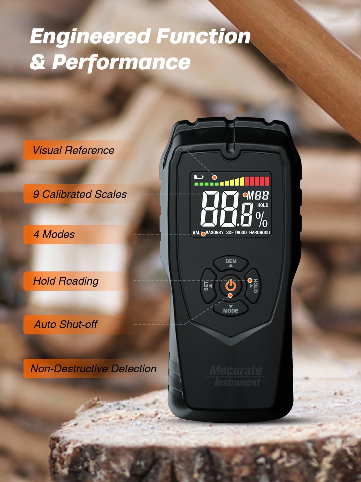Moisture Meter Damp Meter Pinless Wood Moisture Meter for Walls Logs Firewood and Building Material, 4 Mode 9 Density Settings, Non-Destructive Moisture Detector with Backlit LCD and Alerts (Black)