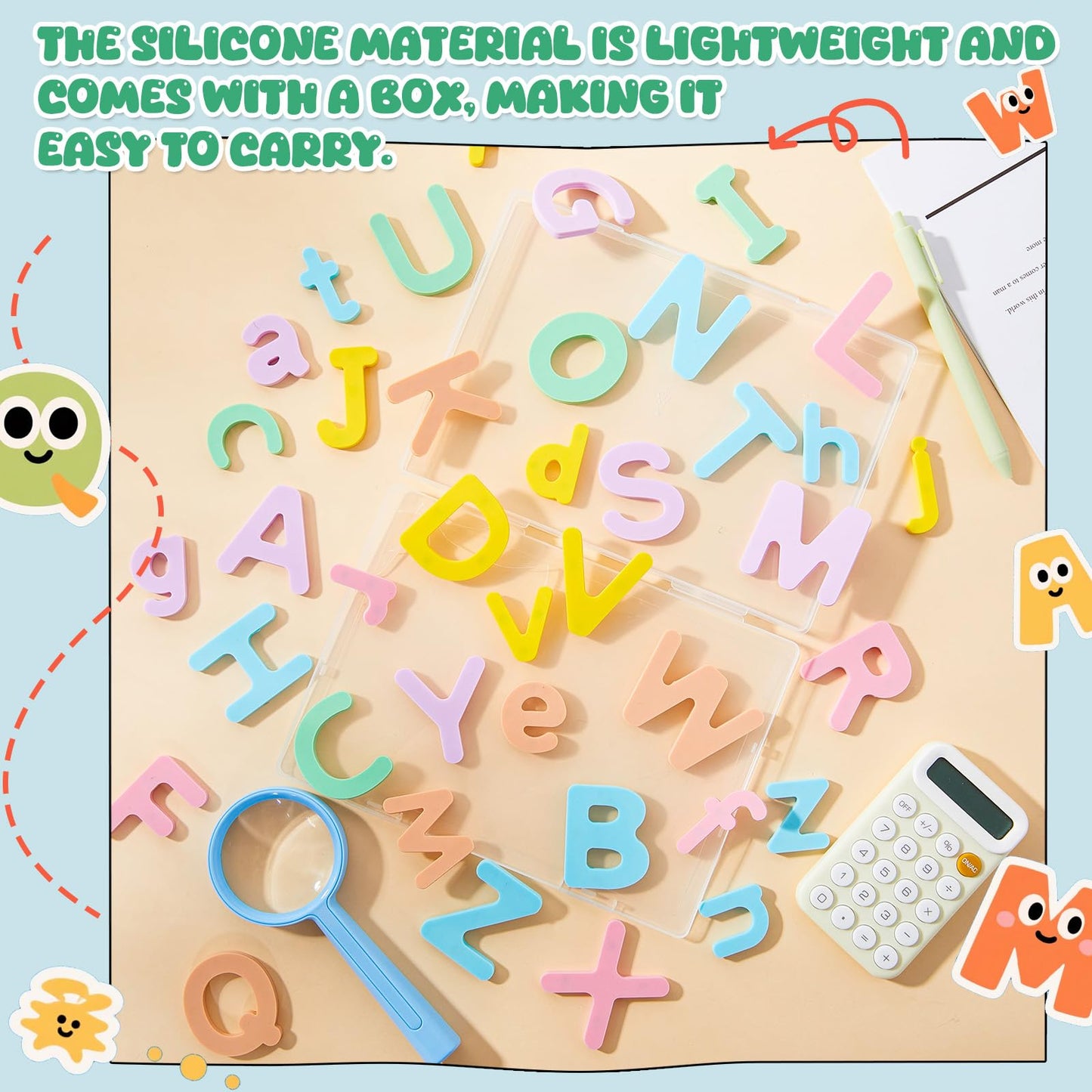 VioraWhite 52 Pcs Food Grade Silicone Magnet (Sealed Magnet, Cpc Certified) Magnetic Toddler Fridge Bulk ABC Educational Learning Toy for Kid Baby Girl Boy Gift(Candy Color)
