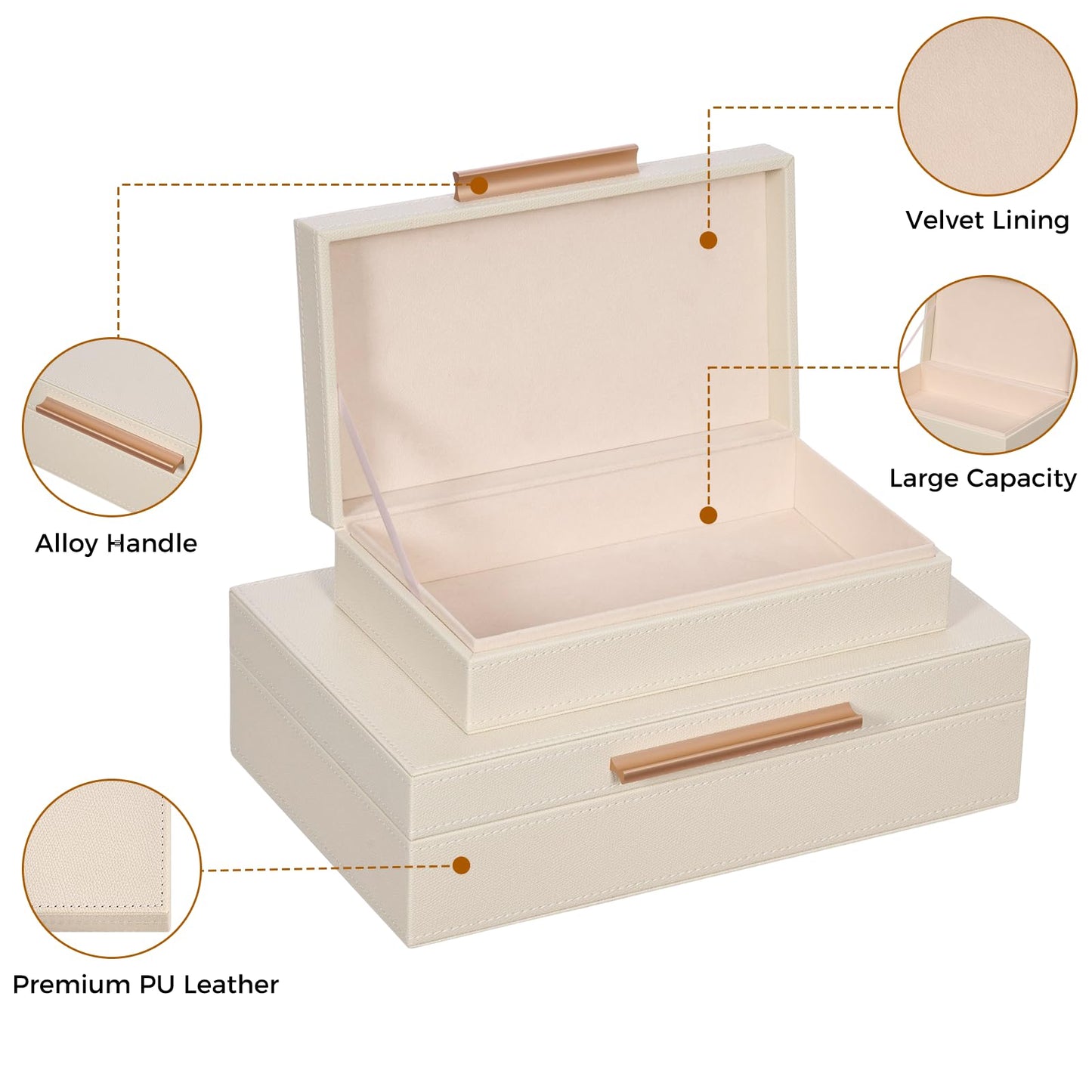 YUNSCEND Decorative Boxes with Lids 2-Set, Memory Box for Keepsakes, Saving Space, Beautiful PU Leather Keepsake Box, Decorative Storage Boxes with Gold Metal Handles Store Photos, Documents White