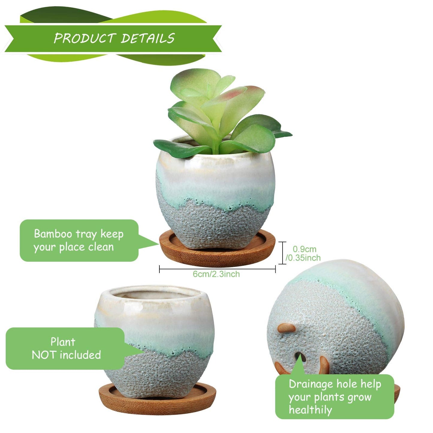 BBTO 6 Set Mini Succulent Pots Bulk with Drainage and Bamboo Tray 2.9 x 3.1 Inch Small Cute Ceramic Succulent Planter Pot Garden Glaze Container Ideal Present for Cactus Office Home Decoration Gift