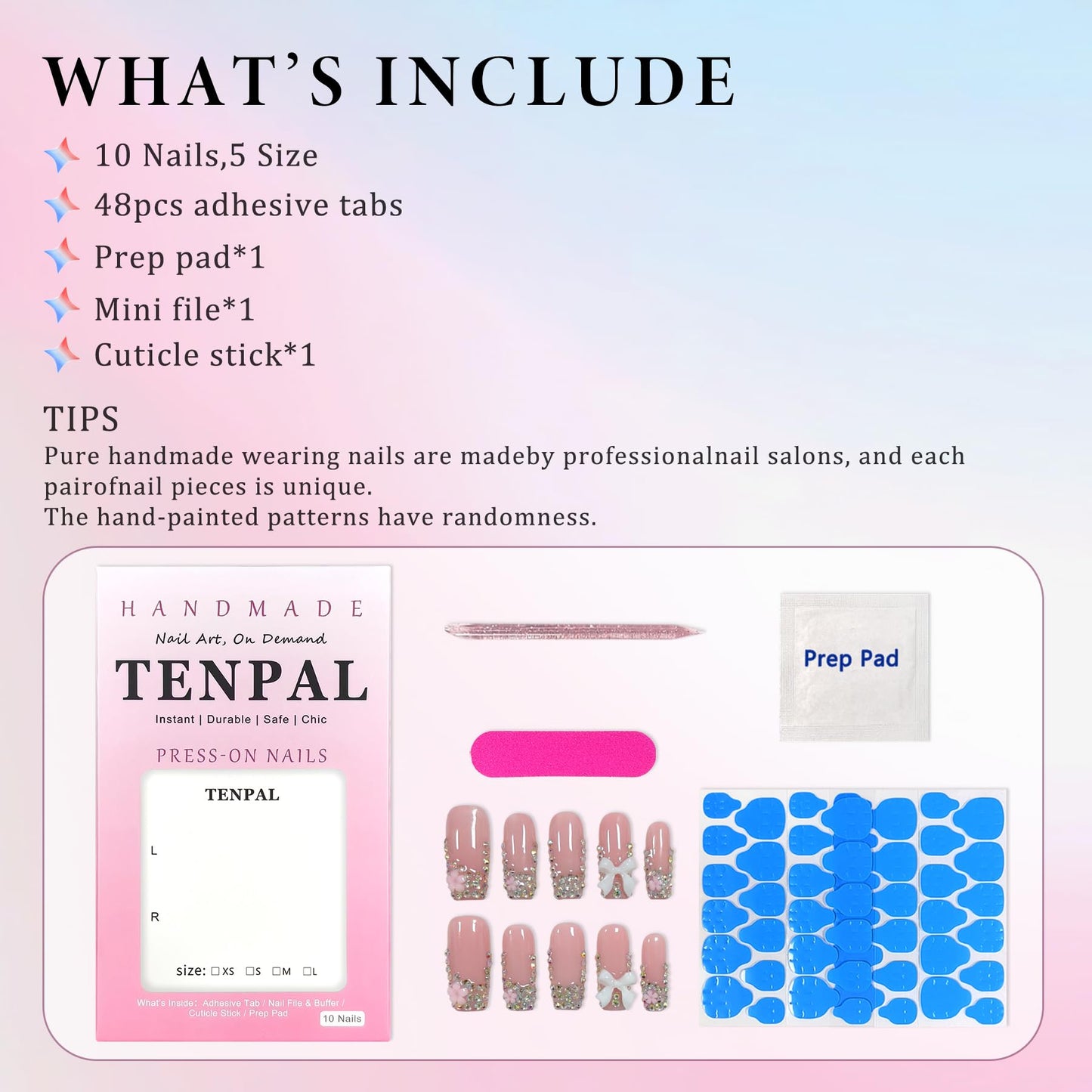 TENPAL Handmade French Tip Press on Nails Medium Coffin 3D Bow Rhinestone Glitter Pink Cute Sweet Girly Reusable Daily Wear Salon Acrylic False Nails 10PCS(L)