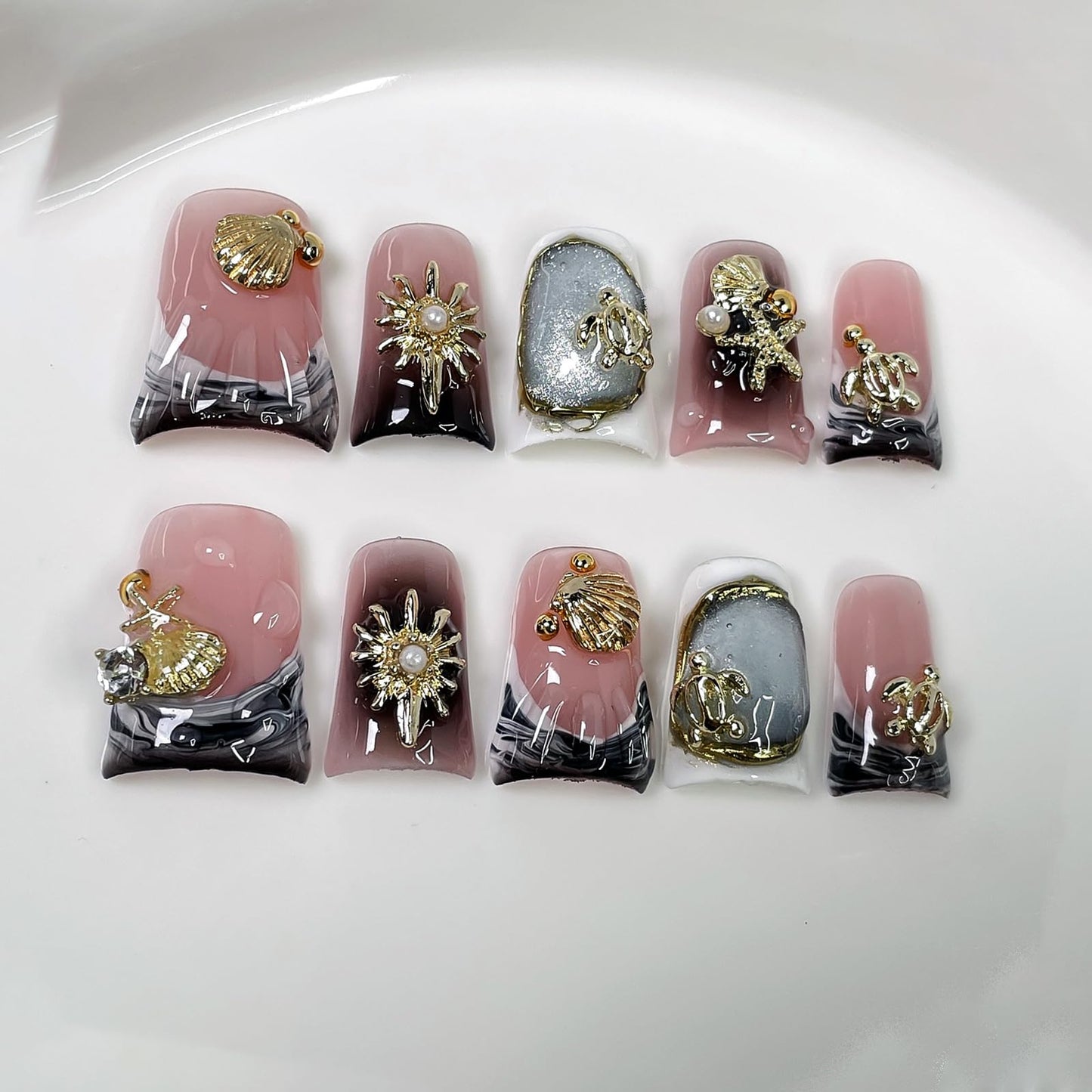 10Pcs Medium Handmade Press on Nails Duck Fake Nails Black French Tip False Nail with 3D Seashell Pearl Design Handmade Duck Nails Press ons Reusable Acrylic Stick on Nails Ocean Nail for Women (M)