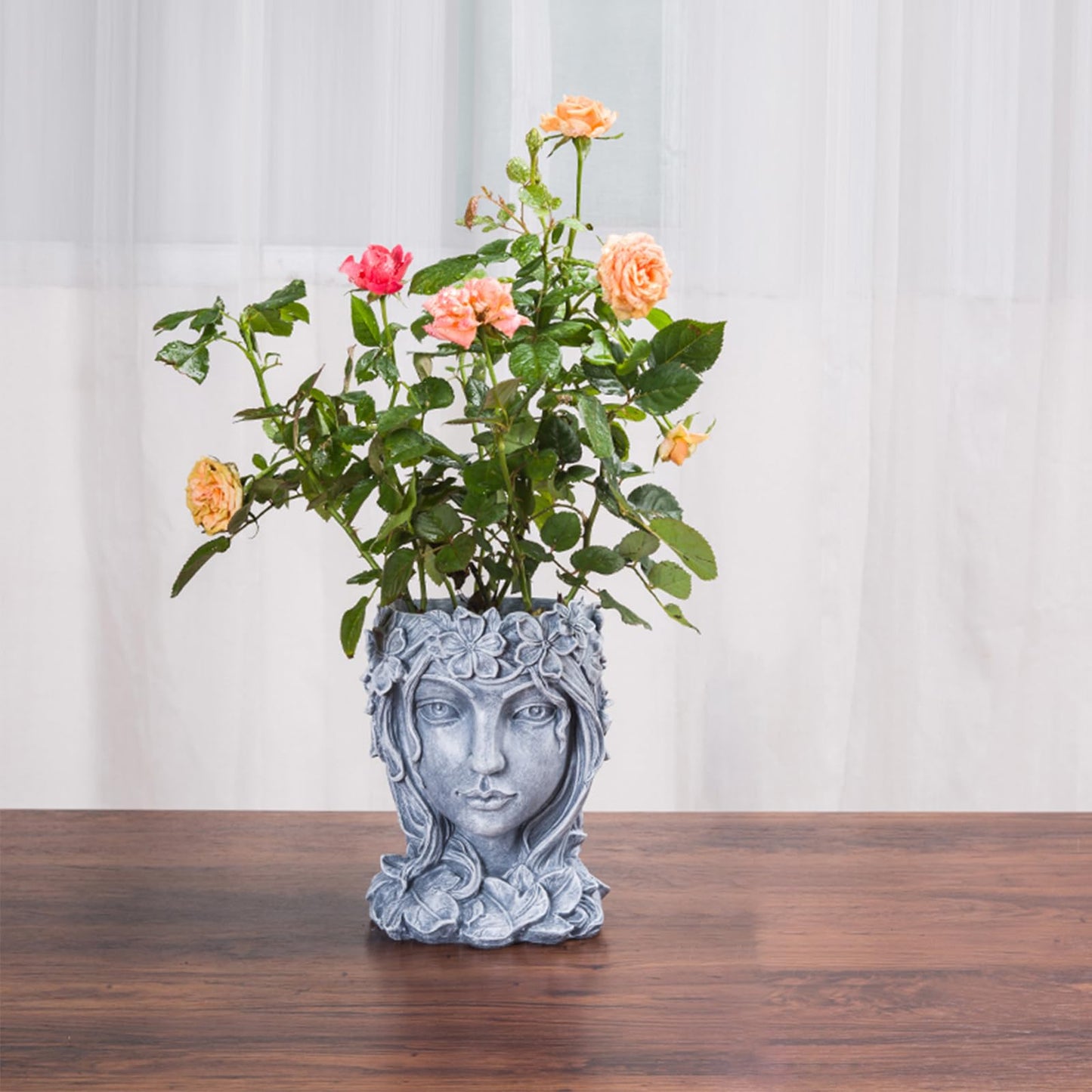 Romehaha Face Flower Pot Head Planter with Drainage Hole,Cute Resin Goddess Face Planters Pots Opend Eyes (Goddess Gray(Large))