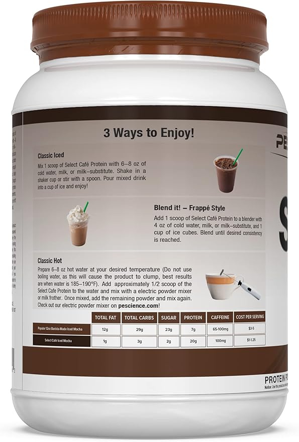 PEScience Select Cafe Coffee Protein Powder, Iced Mocha 20 Servings, Whey and Casein Blend, Natural Caffeine, Clean Isolate Protein for Women and Men