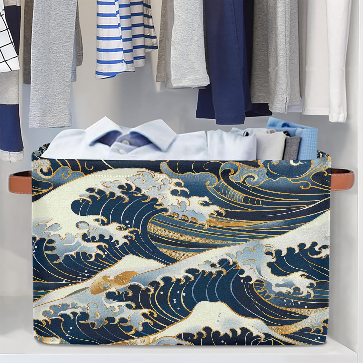 HSYOYO Ocean Waves Japanese Storage Basket with Handles Collapsible Storage Bins Rectangular Toy Storage Organizer Box Fabric Shelf Baskets for Nursery Bedroom Bathroom 1PC