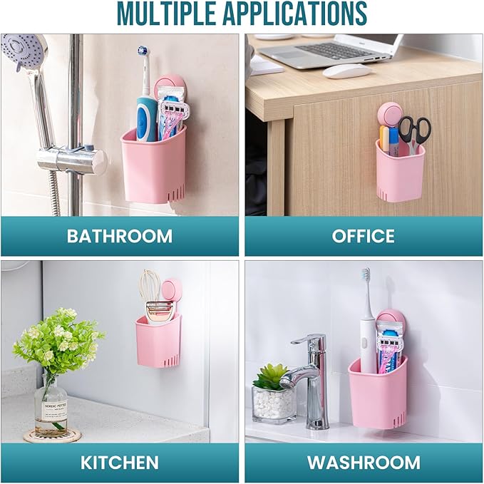 TAILI Suction Toothbrush Holder for Shower Wall, Self-draining Shower Cup for Razor, Toothpaste, Kitchen Tableware. No Nail, No Glue, No Tool! Strong Suction Cup Toothbrush Holders for Bathroom, Pink