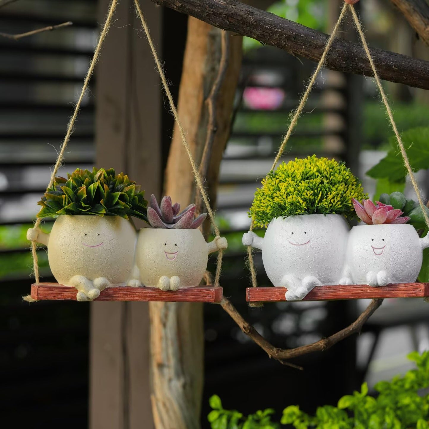 SeoatLink Double Head Flower Pot, Smiley Face Hanging Planter Pots, Cute Swinging Planters with Drainage, Unique Succulent Flower Pot Suitable for Indoor and Outdoor Decoration Khaki