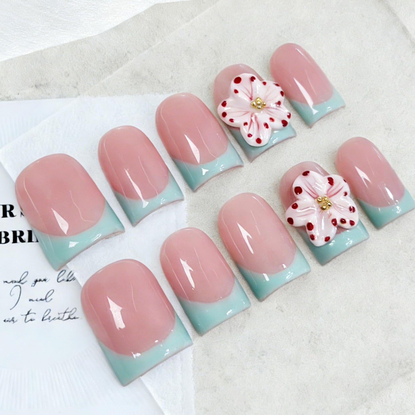 10 Pcs Handmade Press on Nails Short Square Fake Nails with 3D Flower Light Green French Tip Design Acrylic False Nails Pink M Size Press Ons Nails Square for Women Nail Art