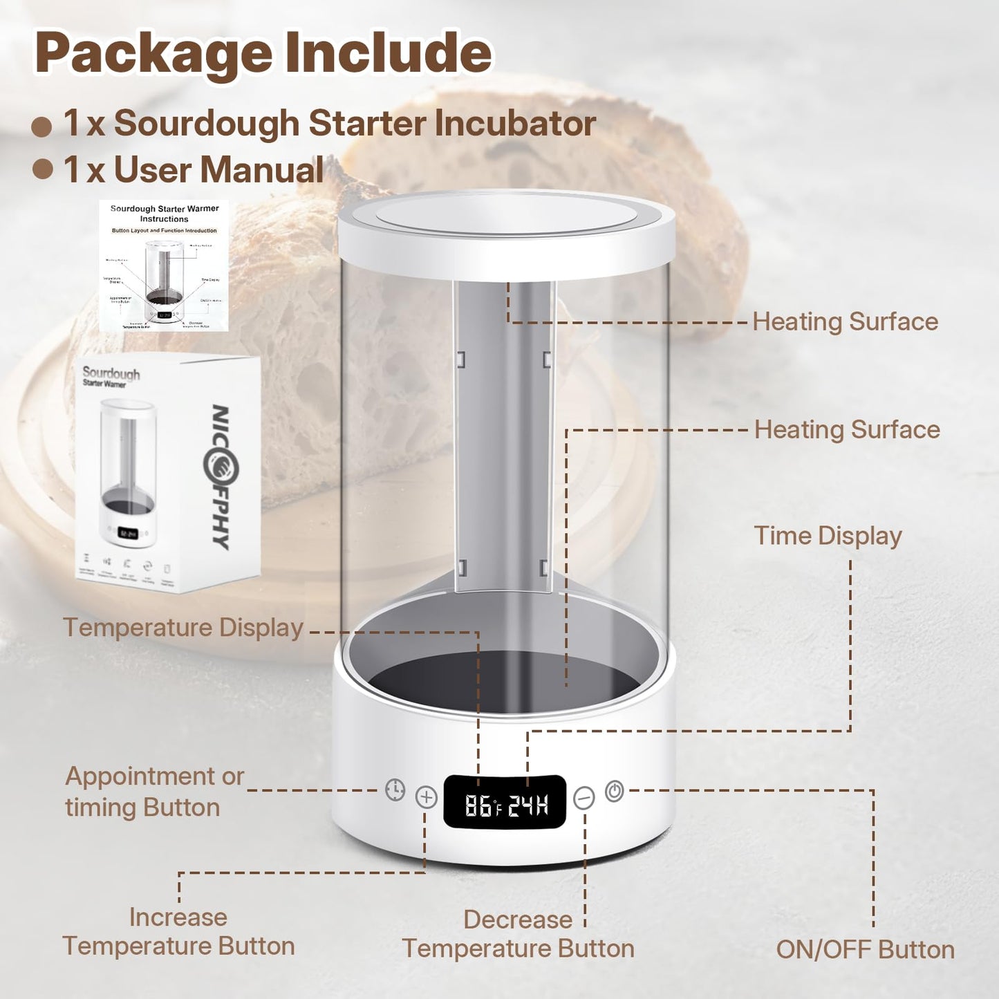 Sourdough Starter Warmer Home Incubator - Upgraded Sour Dough Warmer Box with Double Heating Plates and Warming Dome, 70-120°F Precise 1°F Thermostat, 24H Timer Fermentation Sourdough Heater Mat Tool