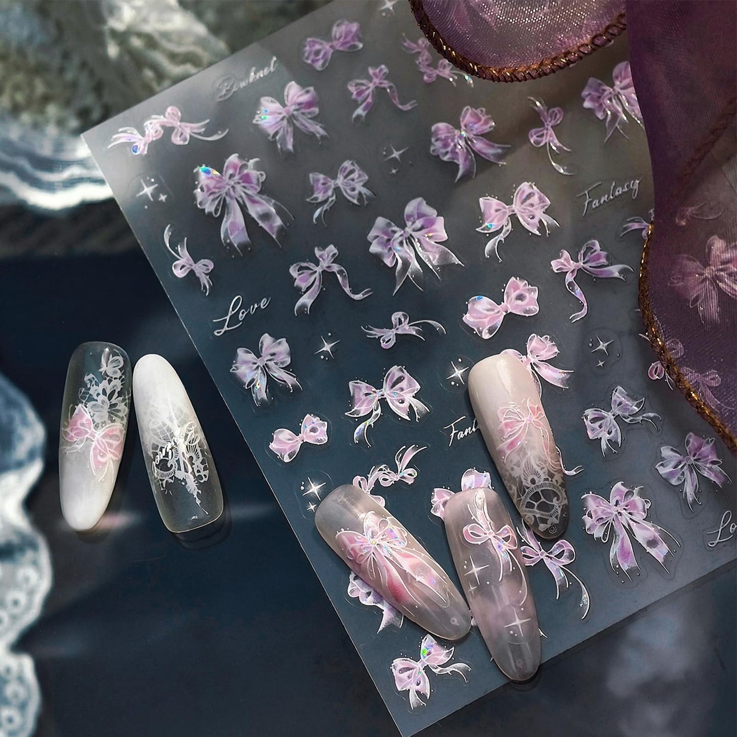 Shell Light Pink Bow Nail Art Stickers Cute Bow Nails Stickers 3D Self-Adhesive Glitter Pink Ribbon Bowknot Nail Decals for Women Girls Nail Art Decorations Accessories Cardboard Set