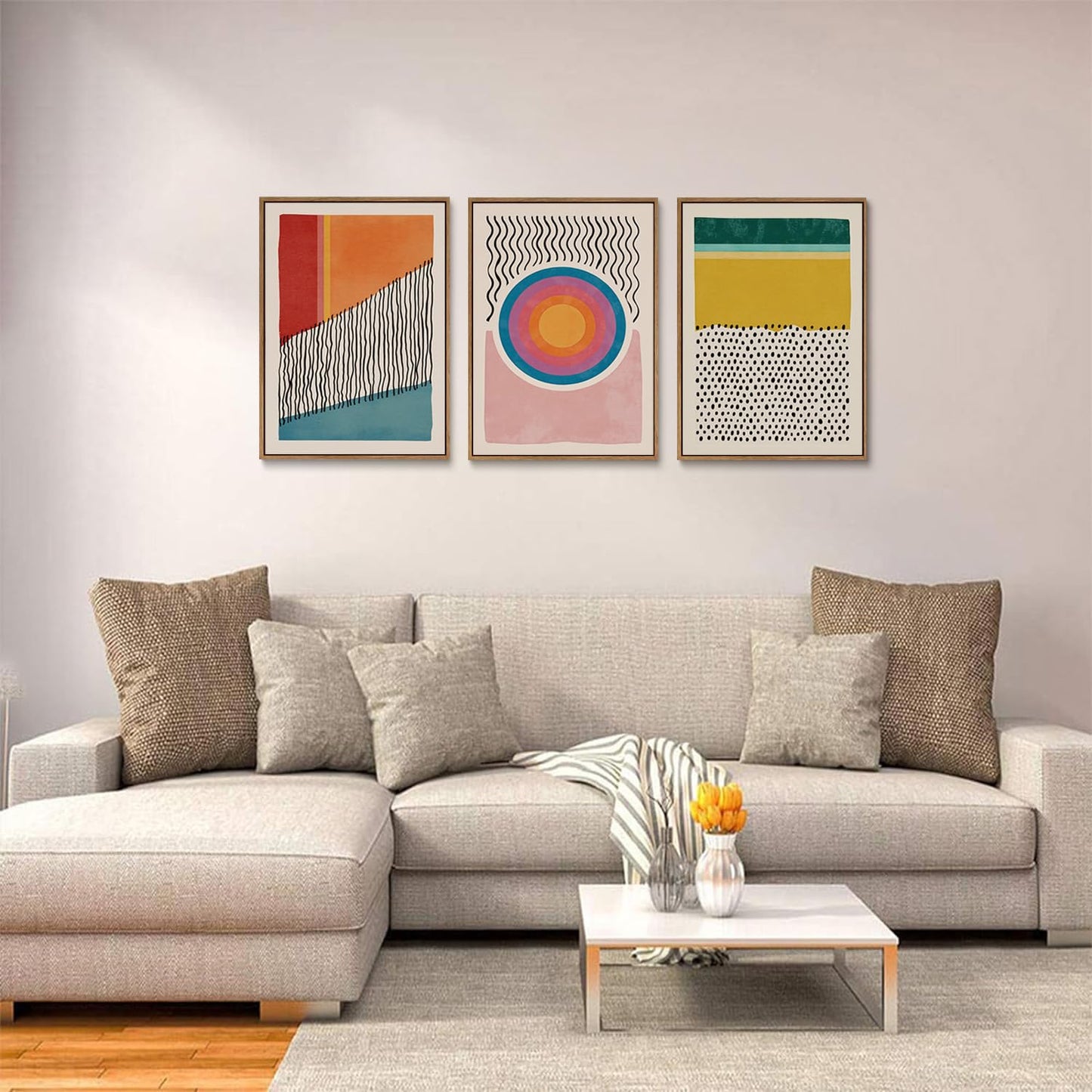 myusuar 3 Piece Large Modern Abstract Canvas Framed Wall Art For Living Room, Midcentury Minimalist Boho Wall Art Decor Posters Prints For Bedroom Office, 12x16in