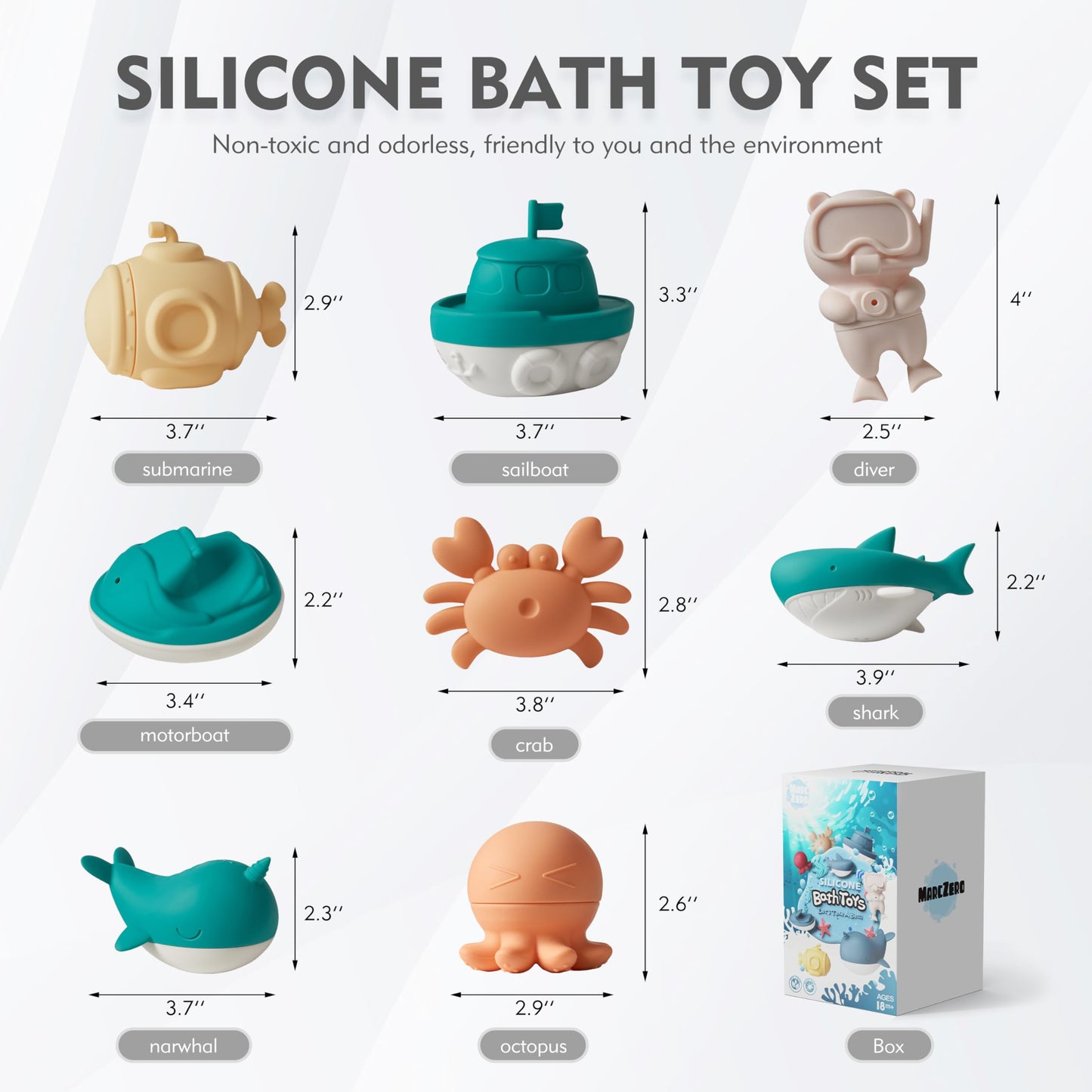 MarcZero Ocean Silicone Bath Toys 8Pcs for Toddlers Kids Babies,Bathtub Water Toys,Soft Squeezable Easy-Grip Pool Toys Set (Green)