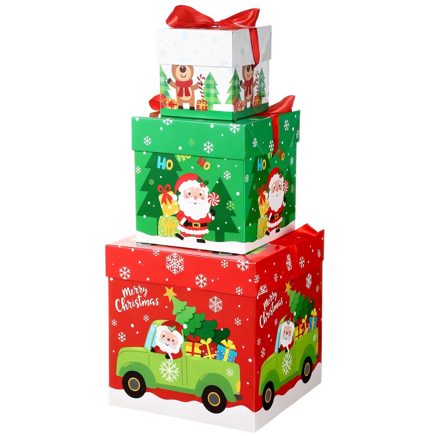 TecUnite 3 Pcs Christmas Stackable Nesting Gift Boxes Decorative Boxes with Lids for Present Wrapping Xmas New Year Holiday Party Xmas Tree Decor (Lively,Red, Green, White)