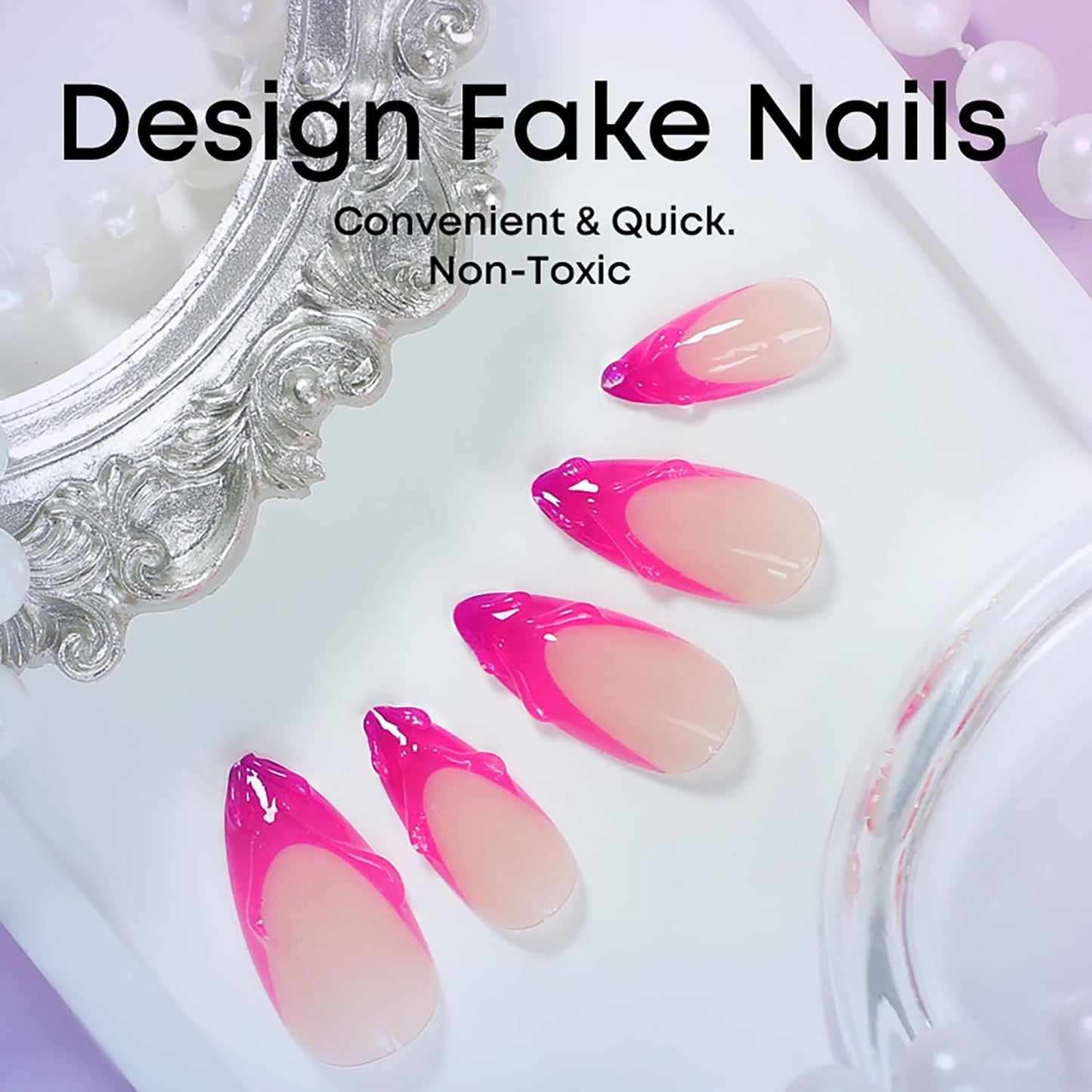 24 Pcs Almond Press on Nails Medium Fake Nails Kit Pink French Tip False Nails with 3D Design Almond Nail Tips Acrylic Nails Press ons Glossy Holiday Glue on Nails Reusable Stick on Nails for Women