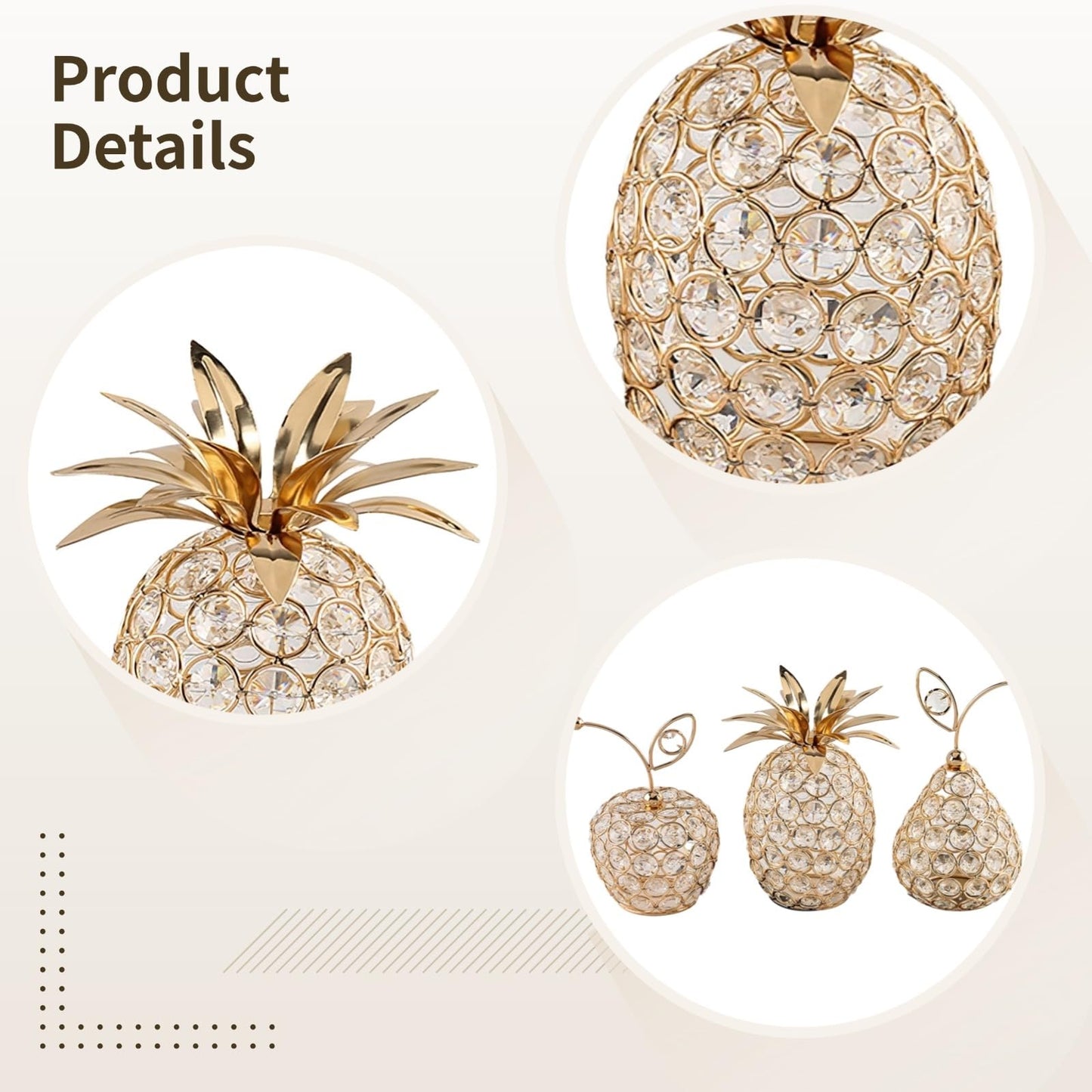 3 Pcs Golden Crystal Hollow Candlestick, Metal Crystal Table Centerpiece, Including Pineapple Pear Apple, Decorative Candlestick, Ideal for Wedding, Party, Anniversary and Home Decor