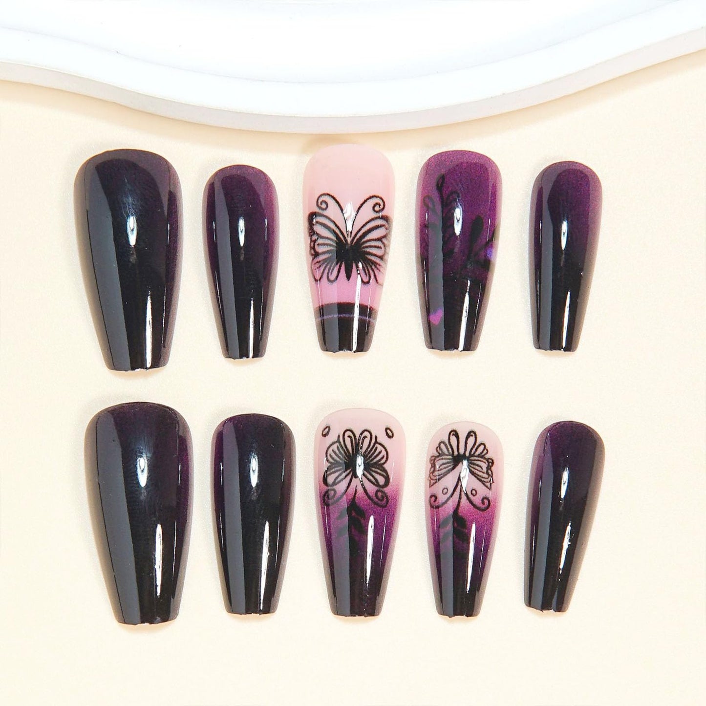 Burgundy Press on Nails Medium Coffin Fake Nails with Black Butterfly Designs Glossy Nails Press ons Pink Gradient Glue on Nails Acrylic Nails Artificial Stick on Nails for Women 24Pcs
