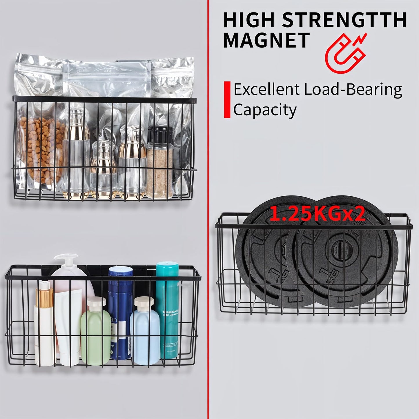 Lemecima 2 Pack Magnetic Basket Organizer Shelf Rack for Refrigerator Peg Board Office File Foil Plastic Food Wrap Spice Pegboard Holder