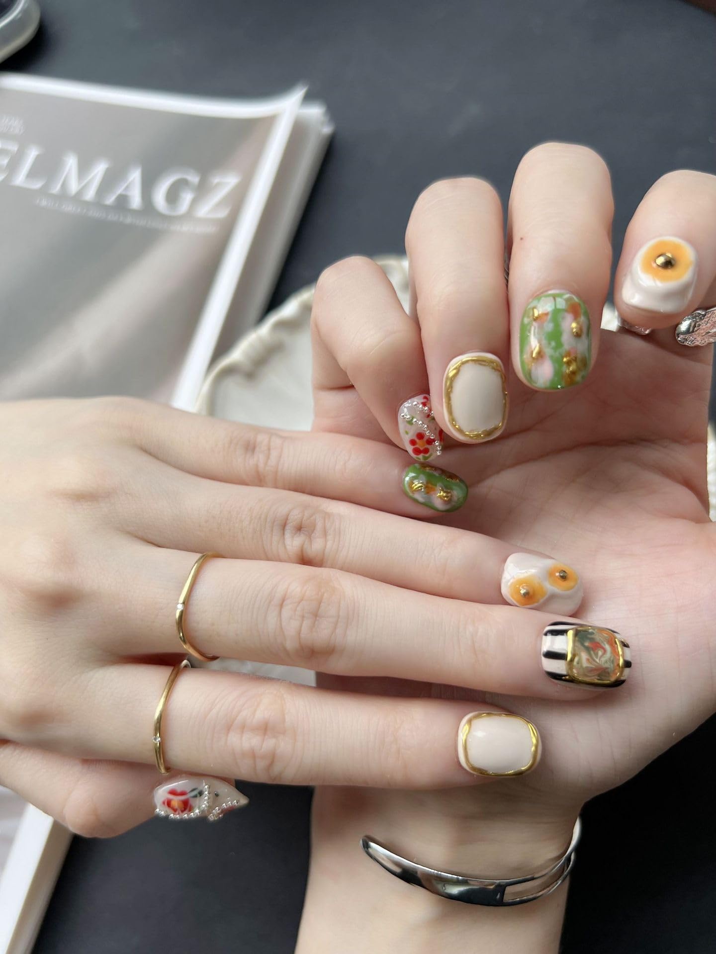 Fine Point Gallery Bloom Press On Nails, 10pcs Short Squoval for Hands, Handmade Floral & Stripe Mix with Gold Frame Accents, Reusable Glue On False Nails (Size Medium)