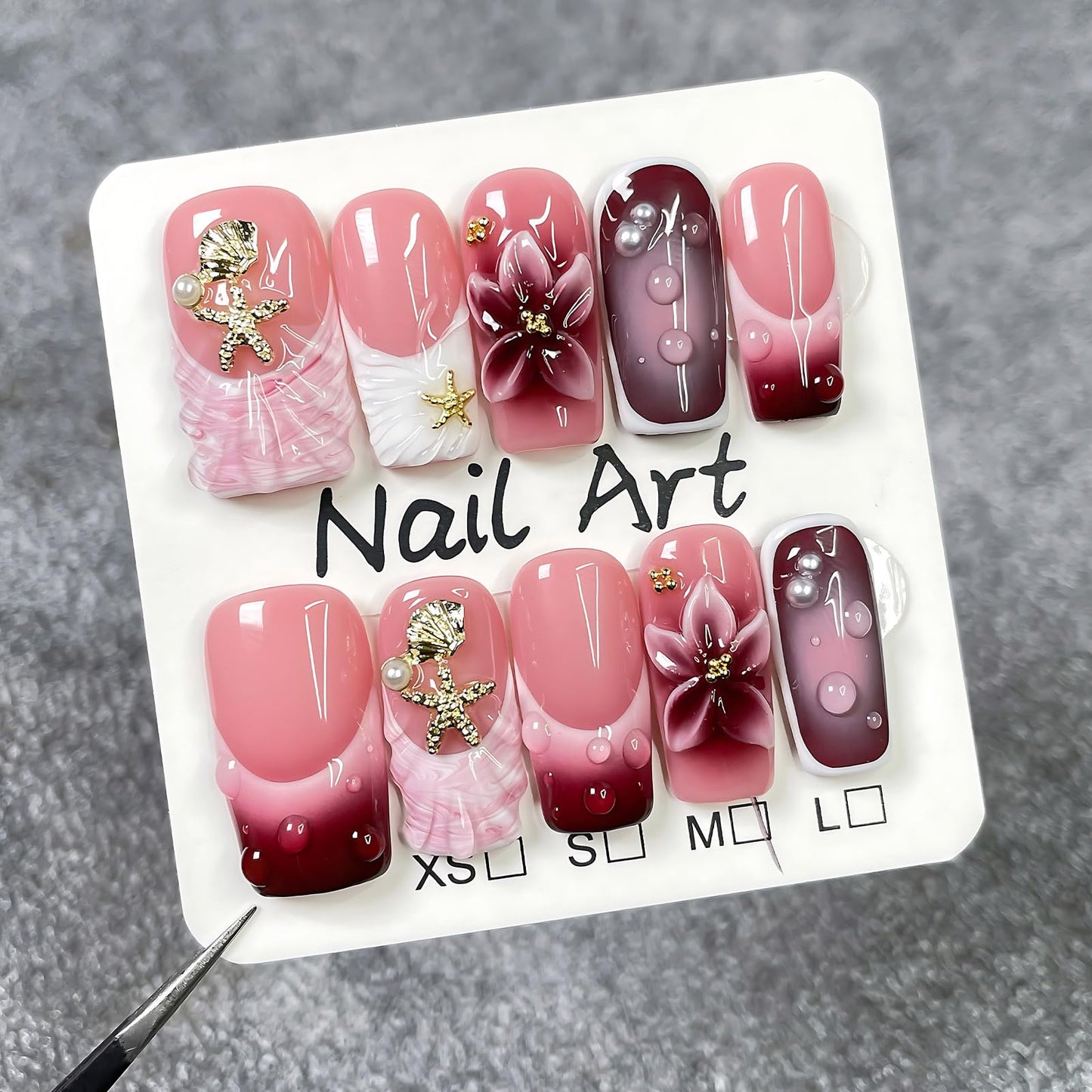 Handmade Press On Nails Square Pink Homemade Press On Nails French Tip With 3D Design Fake Nail Art For Women M