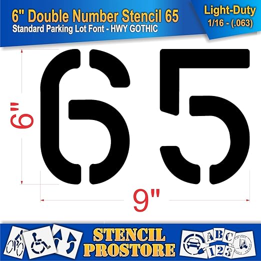 Pavement, Curb, and WheelStop Stencils - 6 inch Double Number Stencil - (65) - 6" x 9" x 1/16" (63 mil) - Light-Duty