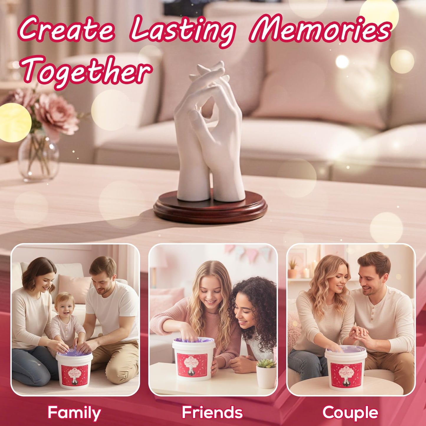 Falling in Art Hand Casting Kit Couples - Keepsake Plaster Hand Mold Kit for Family, Kids, Adults with Large Bucket, Gloves, Powder Materials, Color Paints, Wooden Base, Valentine's Day Gift