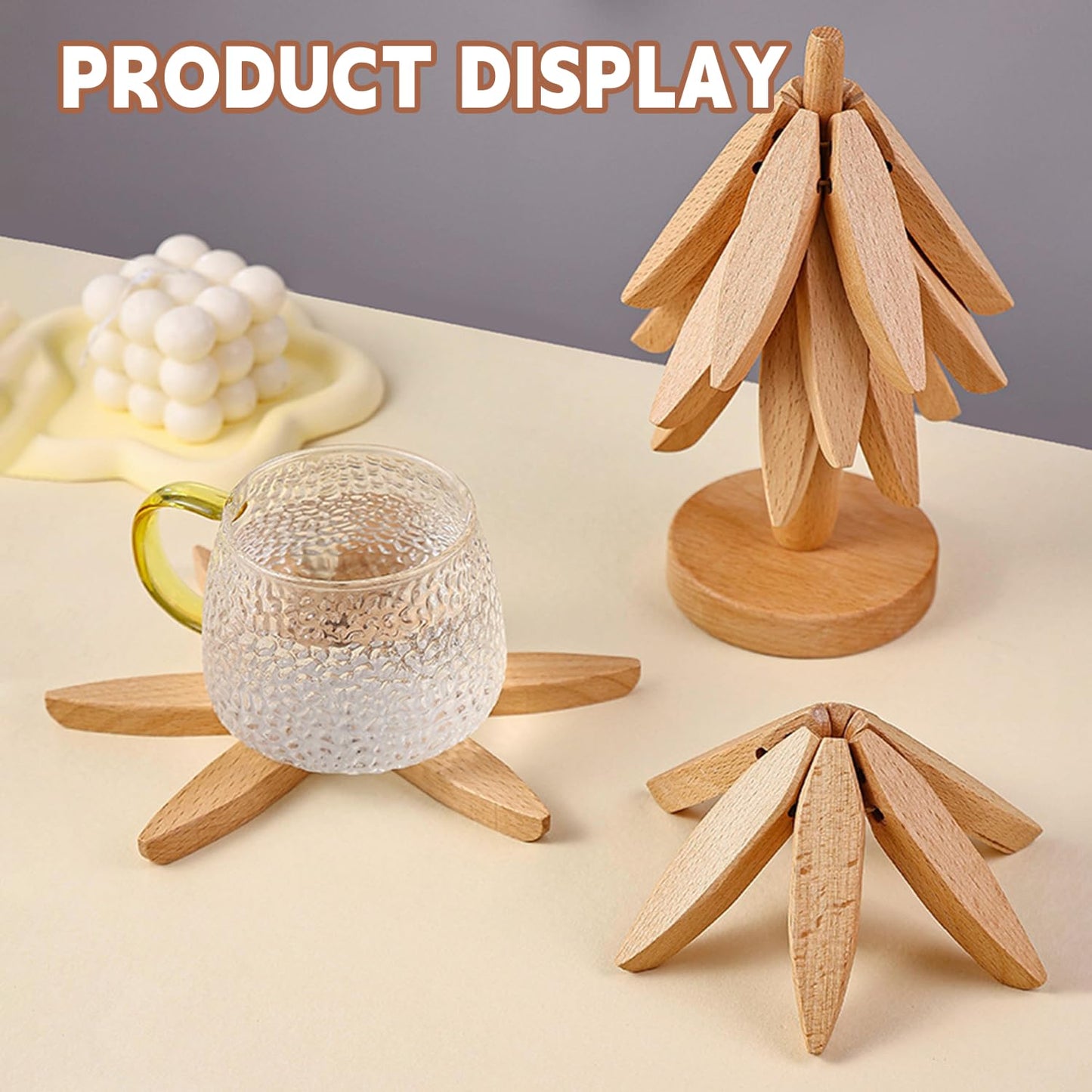 Natural Foldable Black Walnut Wooden Trivet Set - 4 Trivets + 1 Stand for Hot Dishes, Pot, Bowl, Teapot, Hot Pot Holders(Black Walnut)