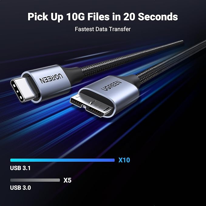 UGREEN 10 Gbps Micro B to USB C Hard Drive Cables, 10FT USB C to Micro B, External Hard Drive Cable Compatible with MacBook Pro/Air, iPad/Tablet, iPhone, Samsung Galaxy S24, WD Seagate etc