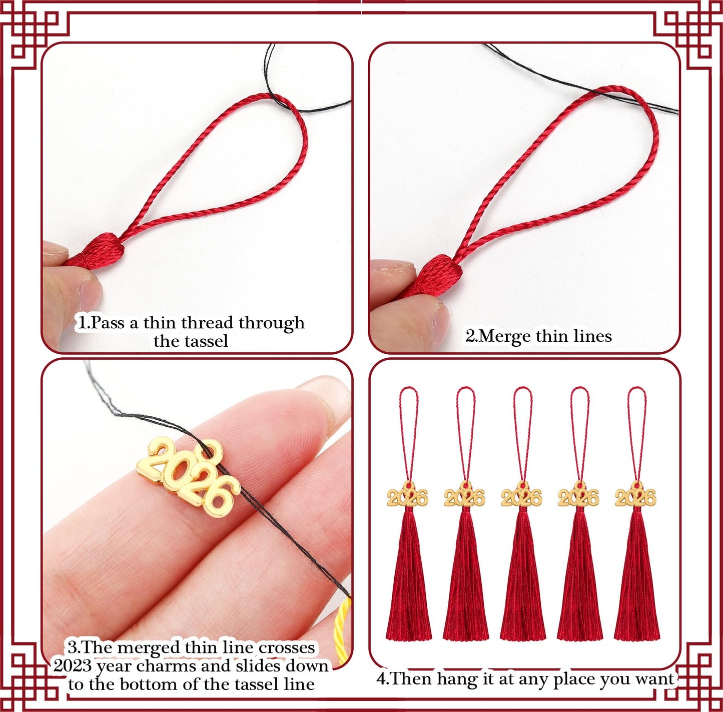 Cindeer 100 Pcs Mini Graduation Tassels with 100 Pcs 2026 Tassel Charms for Crafts Mini Silky Bookmark for Graduation Cap Keychain Ornaments DIY Craft Jewelry Making Project(Red)