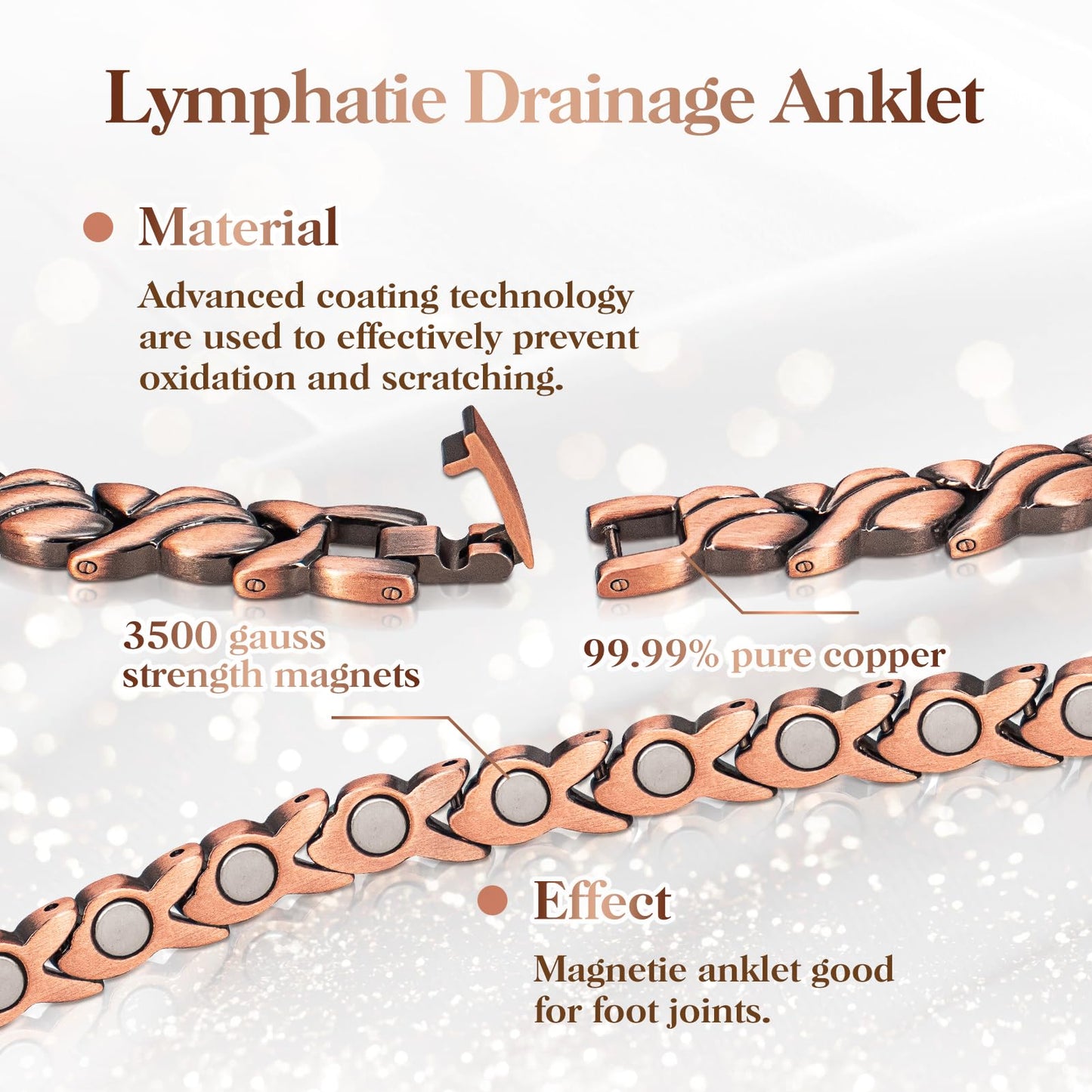 Copper Anklet for Women Magnetic Copper Ankle & Lymphatic Drainage Ring with 3500 Gauss Magnets 100% Solid Pure Copper Jewelry Gift with Adjustment Tool (Fishtail）