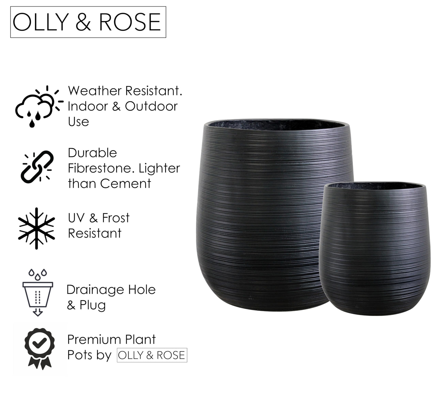 Olly & Rose Extra Large Plant Pot Patterned - Black Garden Planter - XL Flower Pot - H 50cm D45cm + H40cm D38cm