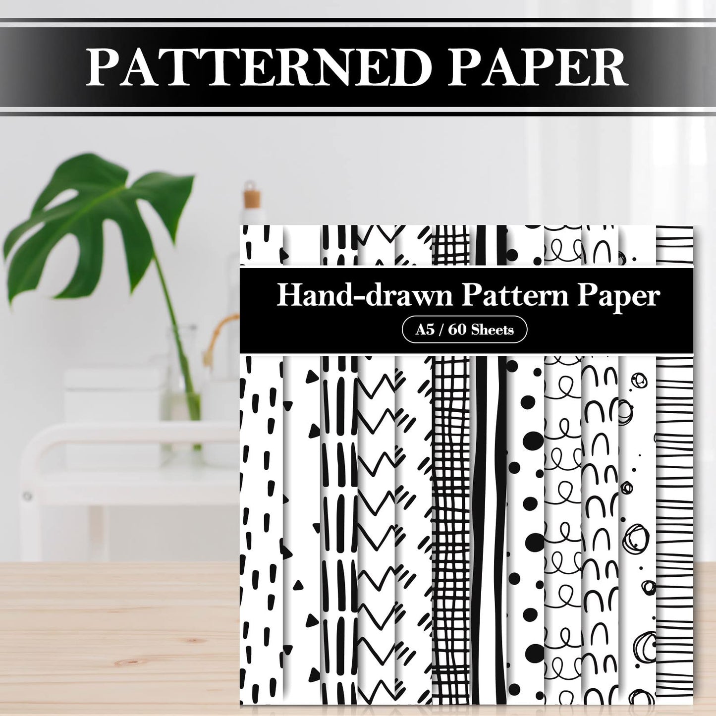 Whaline 60 Sheet Black & White Doodle Pattern Paper A5 Size Hand Drawn Squiggles and Dots Scrapbook Paper Double-Sided Minimalist Craft Paper for DIY Card Making Supplies, 12 Designs