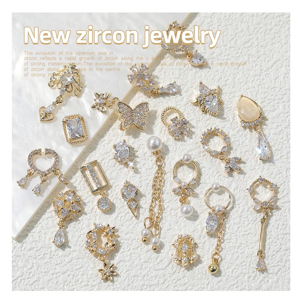 HNUIX Nail Charms and Gems - Gold Copper Zircon, Multiple Shapes, Metal Jewelry Rhinestones Charms, 24Piece