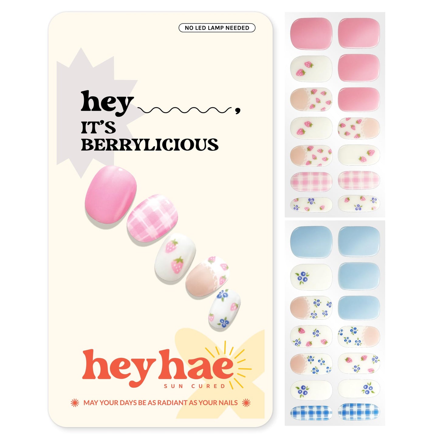 Heyhae Semi Cured Gel Nail Strips | No LED Lamp Needed | Summer, Solid, Pink | Easy Apply & Remove, Salon Quality | Includes 28 Strips, 1 Prep Pads, Nail File & Wooden Stick - Hey, It's Berrylicious