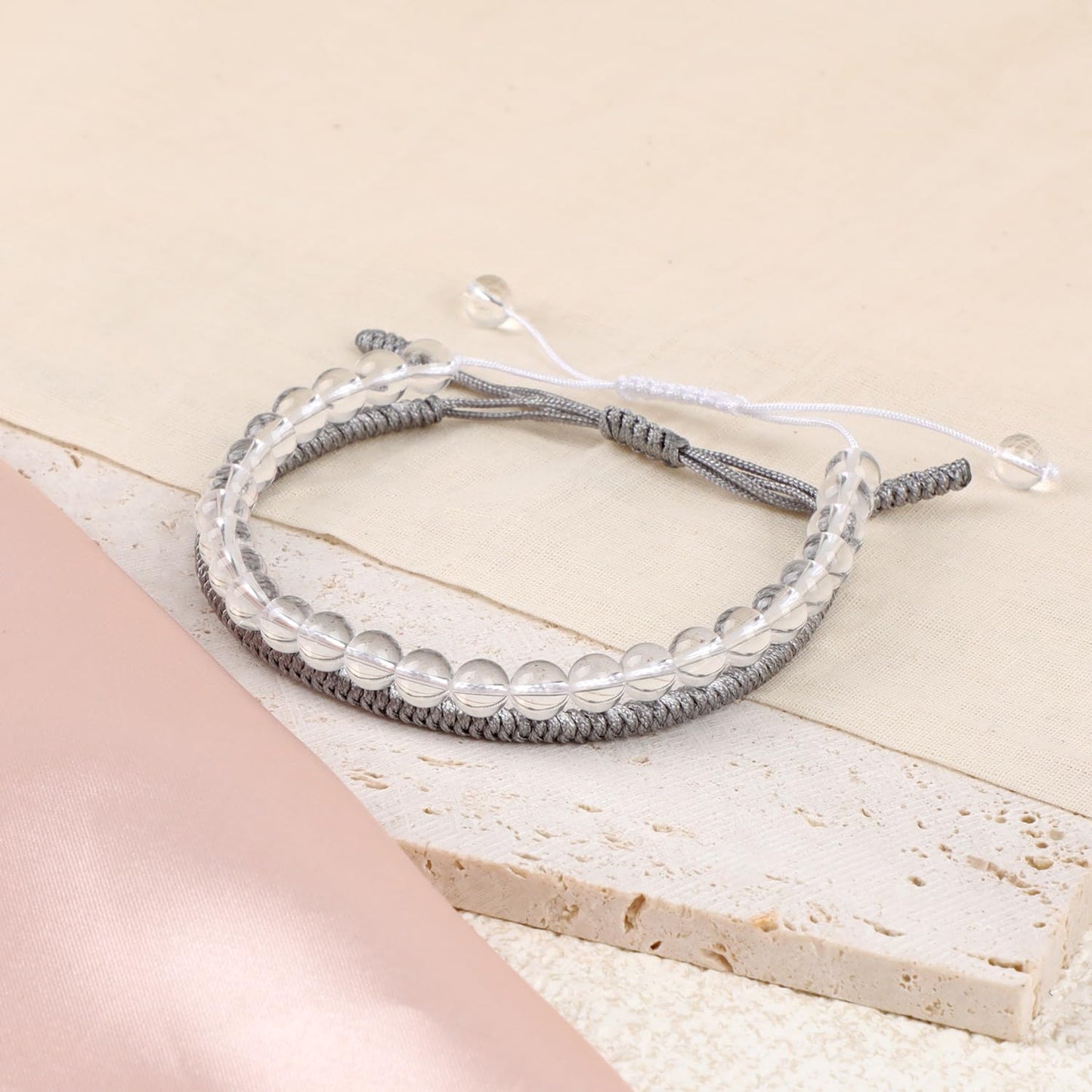 LPBeads 6mm Clear Quartz Bracelet with Handmade Rope Bracelet Size Adjustable Natural Stone Crystal Healing Bracelets Gifts for Unisex Adults