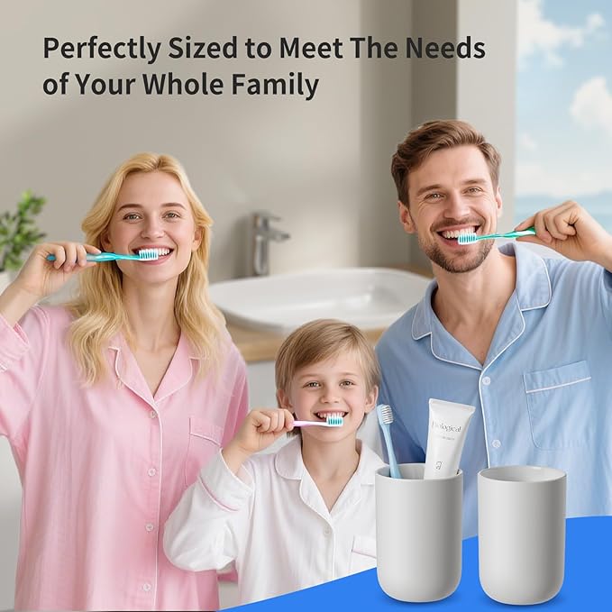 MOPMS Toothbrush Cup 13oz 380ml, Unbreakable Reusable Bathroom Tumbler 2Pcs, Non-Slip Plastic Bathroom Cup Toothbrush Holders for Bathroom, Grey