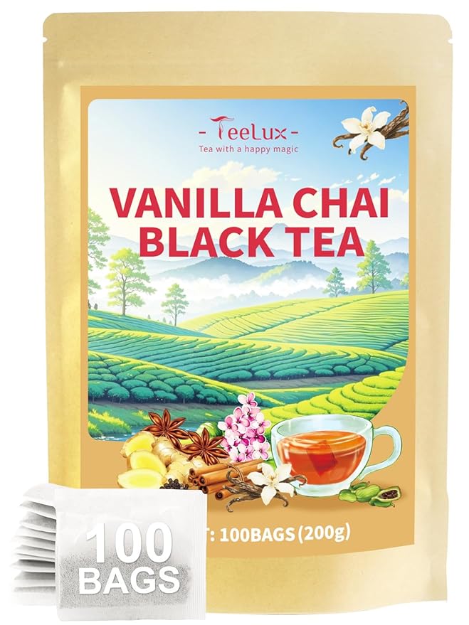 TeeLux Vanilla Chai Tea Bags, Premium Black Tea with Cinnamon, Ginger, Cardamom, Star Anise, Full-bodied & Spicy Flavor, 100 Count