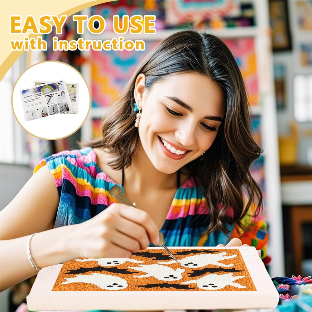 Doodlream Halloween Ghosts DIY Punch Needle Embroidery Kit for Adult Beginner, 9.4" Bat Punch Stitching Craft Set for Starter with Frame, Fabric Pattern, Threader, Yarn, Pinch Needle