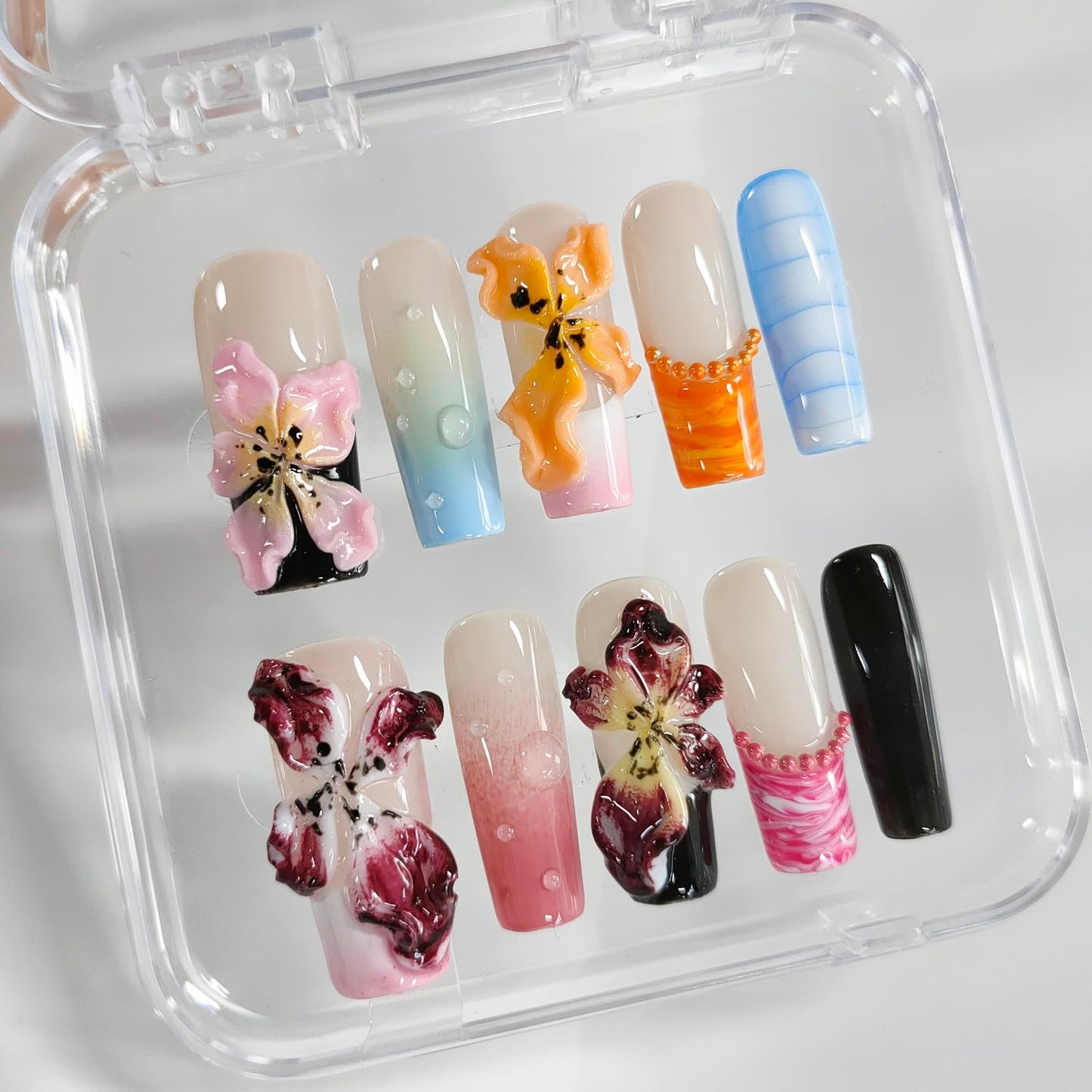 Handmade Press on Nails Medium Square 3D Floral French Tip Thick Acrylic Fake Nails Colorful False Nails with Lily Flower Water Drop Designs Sturdy Nail Art Press on Nails 10Pcs(M)